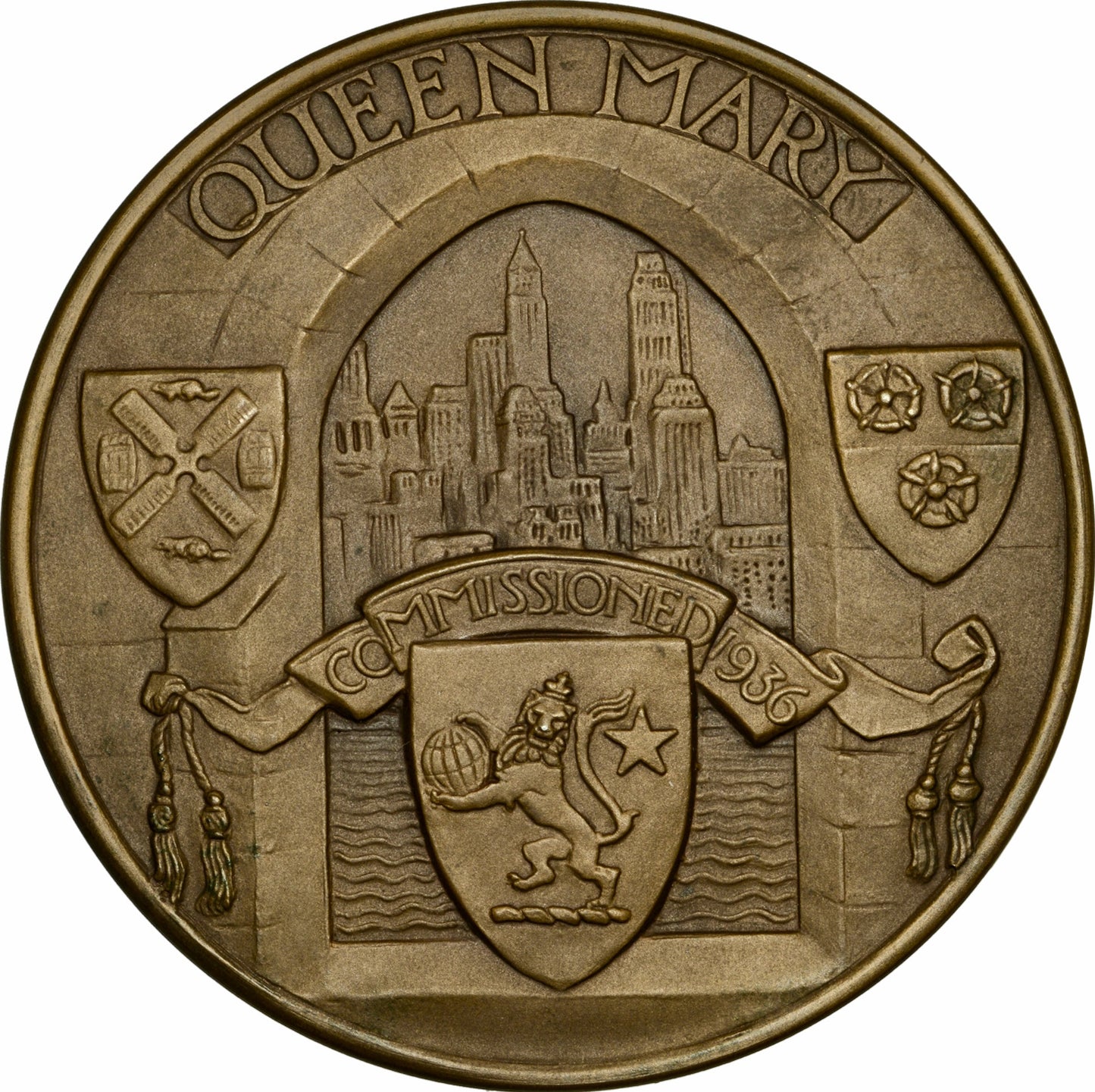 1936 RMS Queen Mary, Maiden Voyage 70mm bronze medal in box of issue