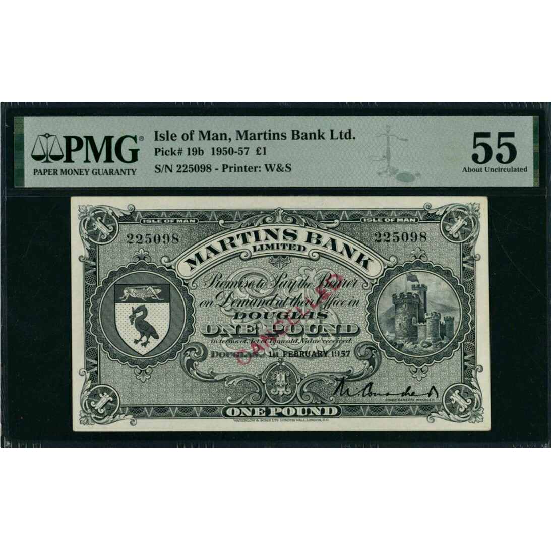 ISLE OF MAN P.19b IM13f Martins Bank 1957 £1 AUNC 55