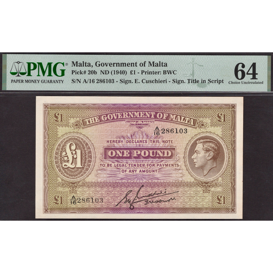 MALTA P.20b 1940 £1 Choice UNC 64