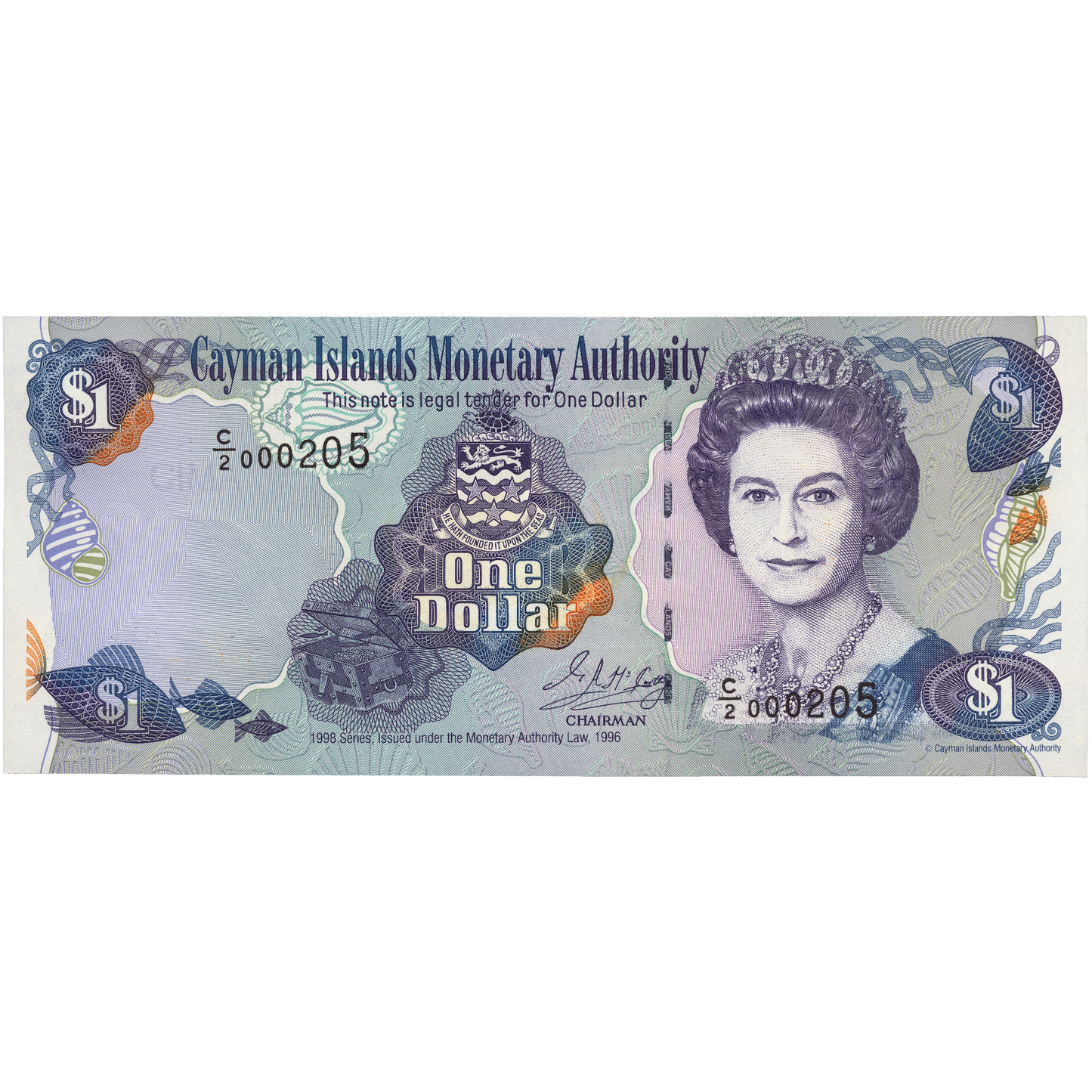 CAYMAN ISLANDS P.21b 1998 very low serial number $1 UNC