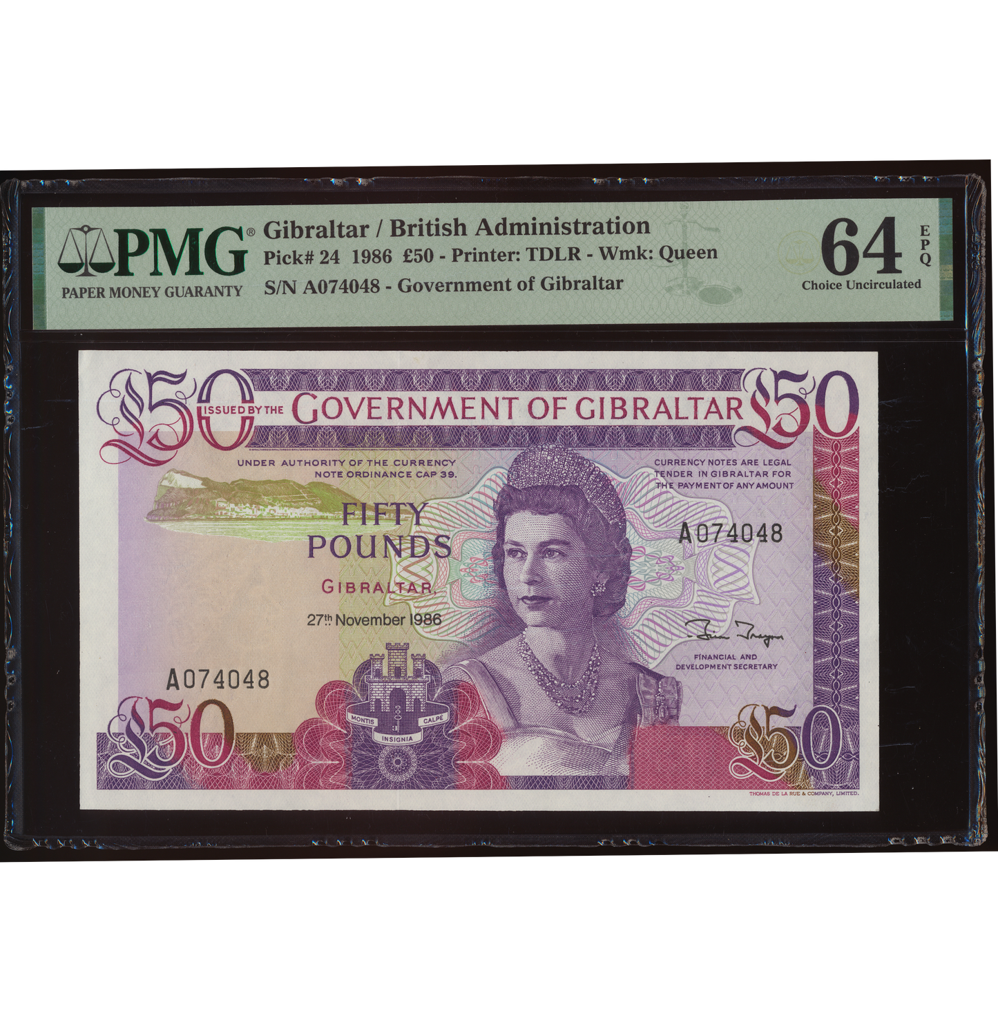 GIBRALTAR P.24 1986 £50 A CHOICE UNC 64 EPQ