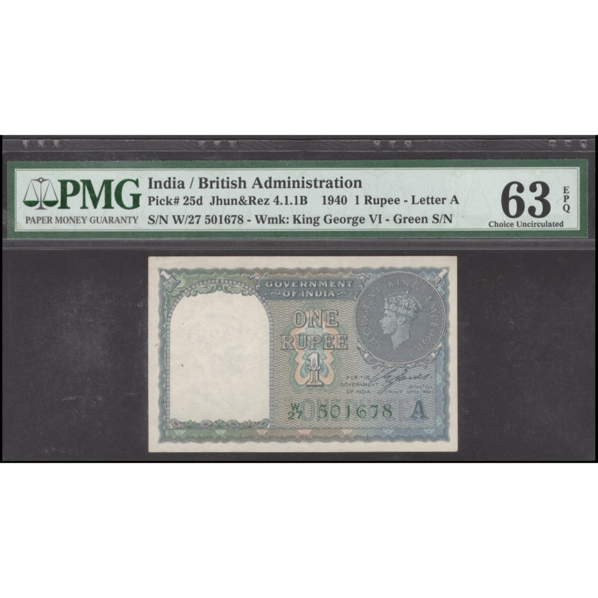 INDIA P.25d 1940 1 Rupee Choice UNC 63 EPQ