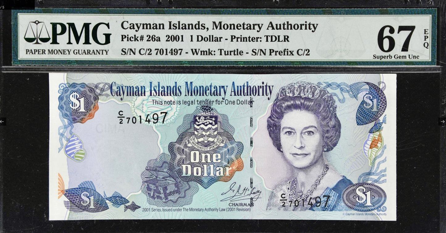 CAYMAN ISLANDS P.26a 20011 $1 Superb GEM UNC 67 EPQ