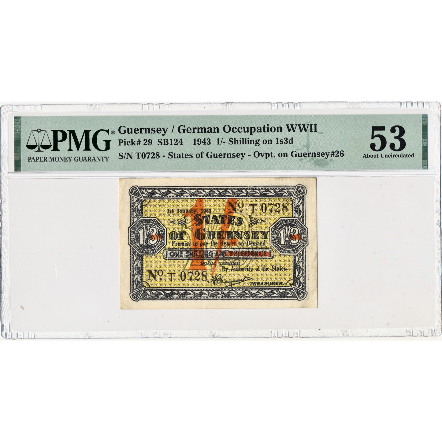 GUERNSEY P.29 GU25b 1943 1 Shilling AUNC 53