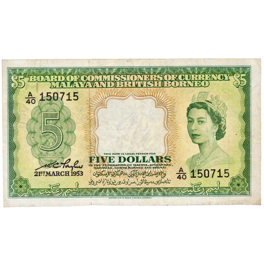MALAYA and BRITISH BORNEO P.2a 1953 $5 VF