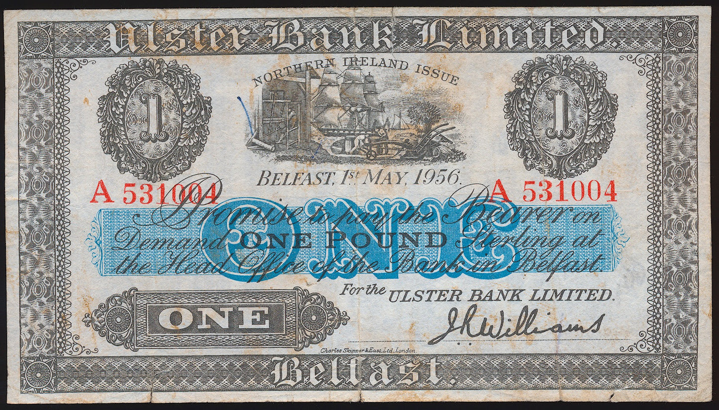 NORTHERN IRELAND P.315c NI804b 1956 Ulster Bank £1 NVF