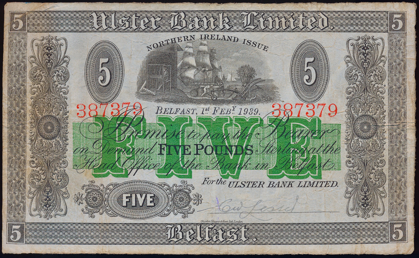 NORTHERN IRELAND P.316b NI813a 1939 Ulster Bank £5 F