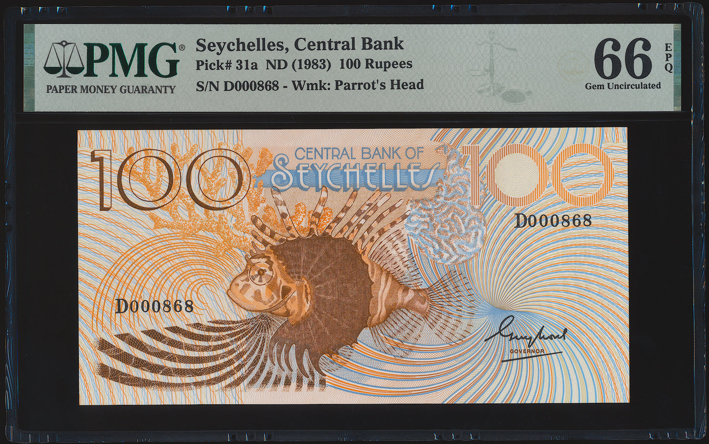 SEYCHELLES P.31a 1983 10 Rupees low serial number GEM UNC 66 EPQ