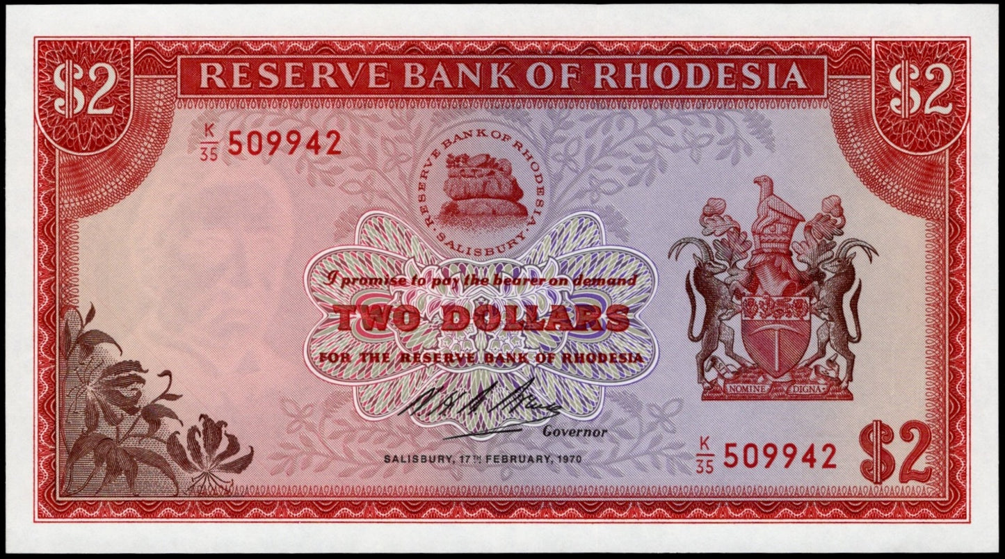 RHODESIA P.31a 1970 rare first date 2 dollars UNC