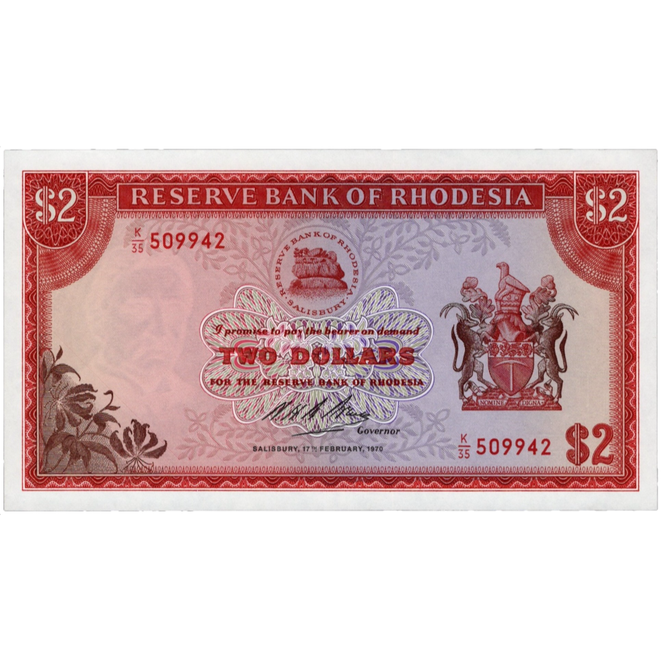 RHODESIA P.31a 1970 rare first date 2 dollars UNC