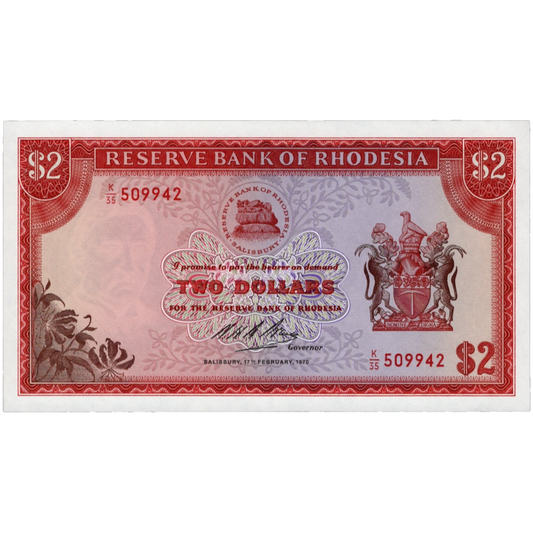 RHODESIA P.31a 1970 rare first date 2 dollars UNC