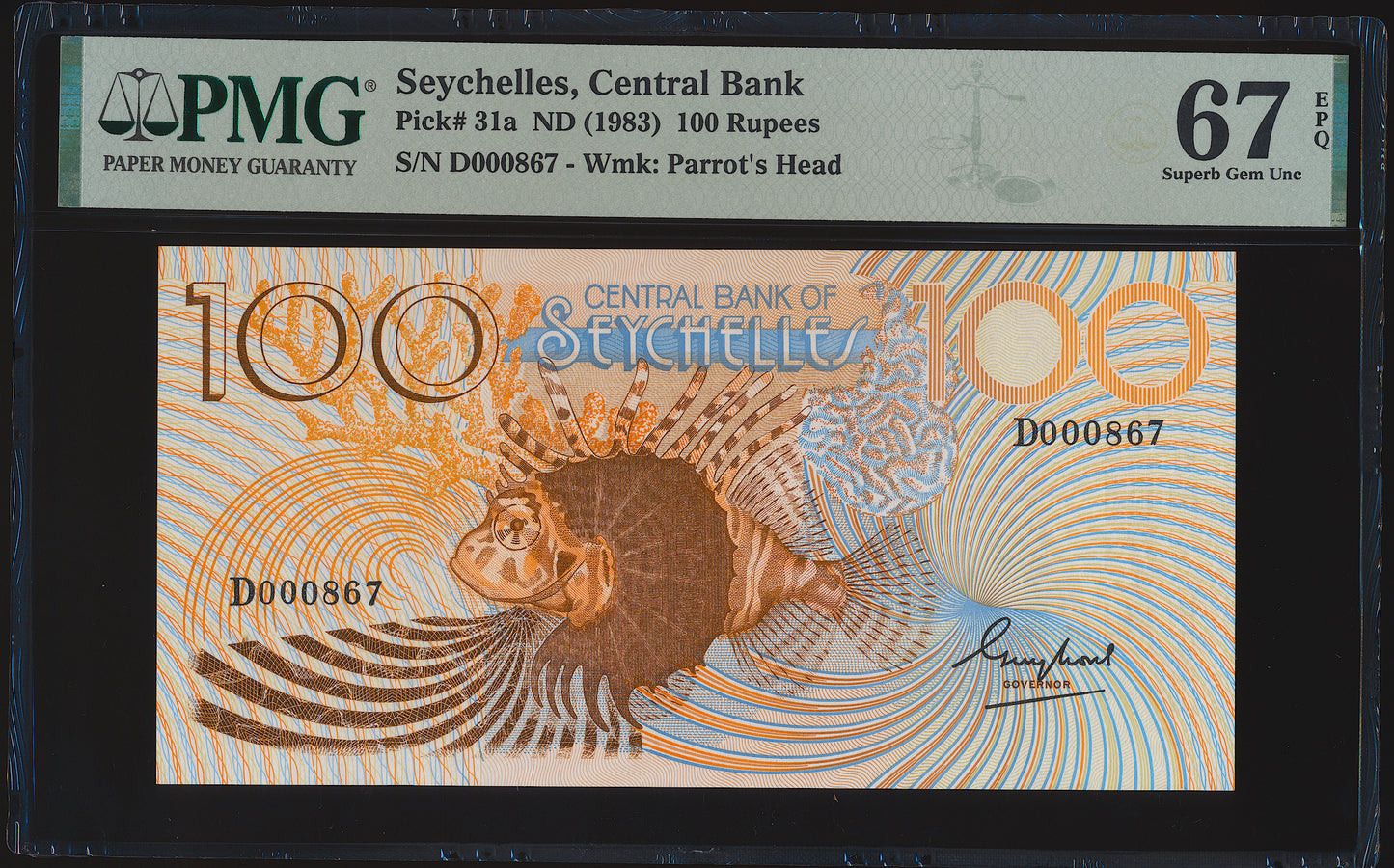 SEYCHELLES P.31a 1983 10 Rupees low serial number SUPERB GEM UNC 67 EPQ