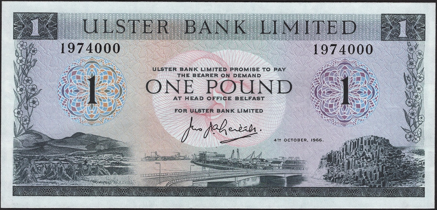 NORTHERN IRELAND P.321a NI805 1966 Ulster Bank £1 AUNC