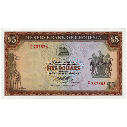 RHODESIA P.32 1972 rare first run M/1 prefix 5 dollars UNC