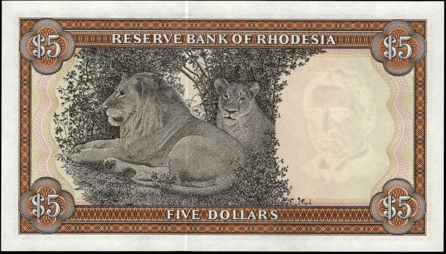 RHODESIA P.32 1972 rare first run M/1 prefix 5 dollars UNC