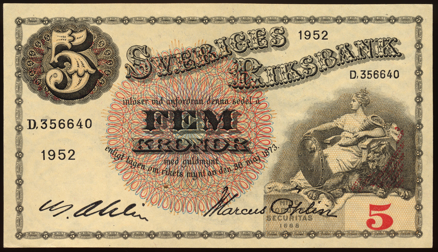 SWEDEN P.33ai 1952 5 Kronor AUNC