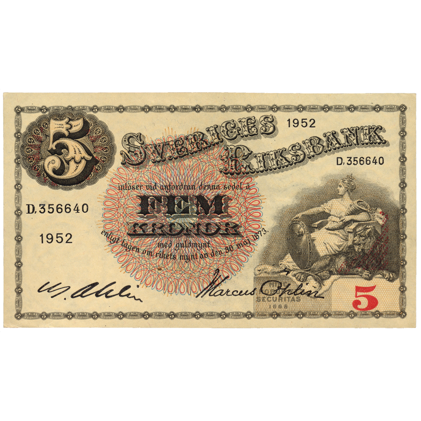 SWEDEN P.33ai 1952 5 Kronor AUNC