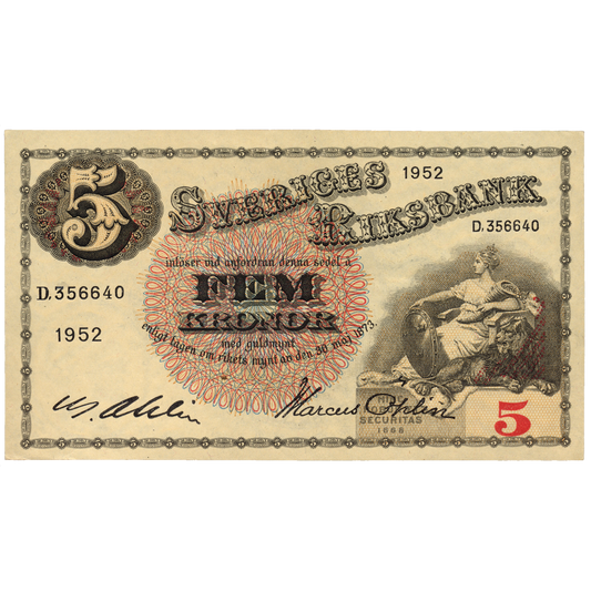 SWEDEN P.33ai 1952 5 Kronor AUNC