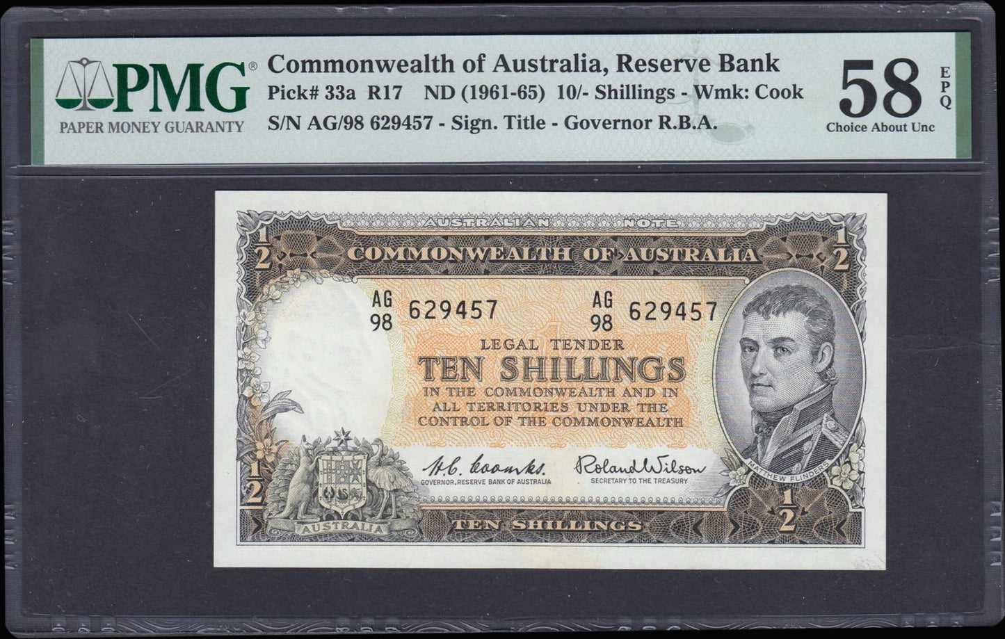 AUSTRALIA P.33a 1961-1965 10 shillings AG98 Choice AUNC 58