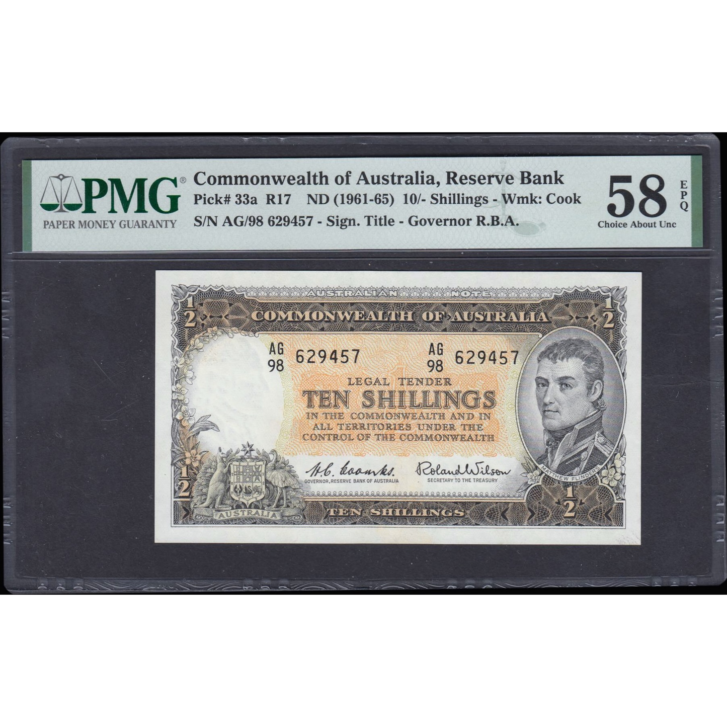 AUSTRALIA P.33a 1961-1965 10 shillings AG98 Choice AUNC 58