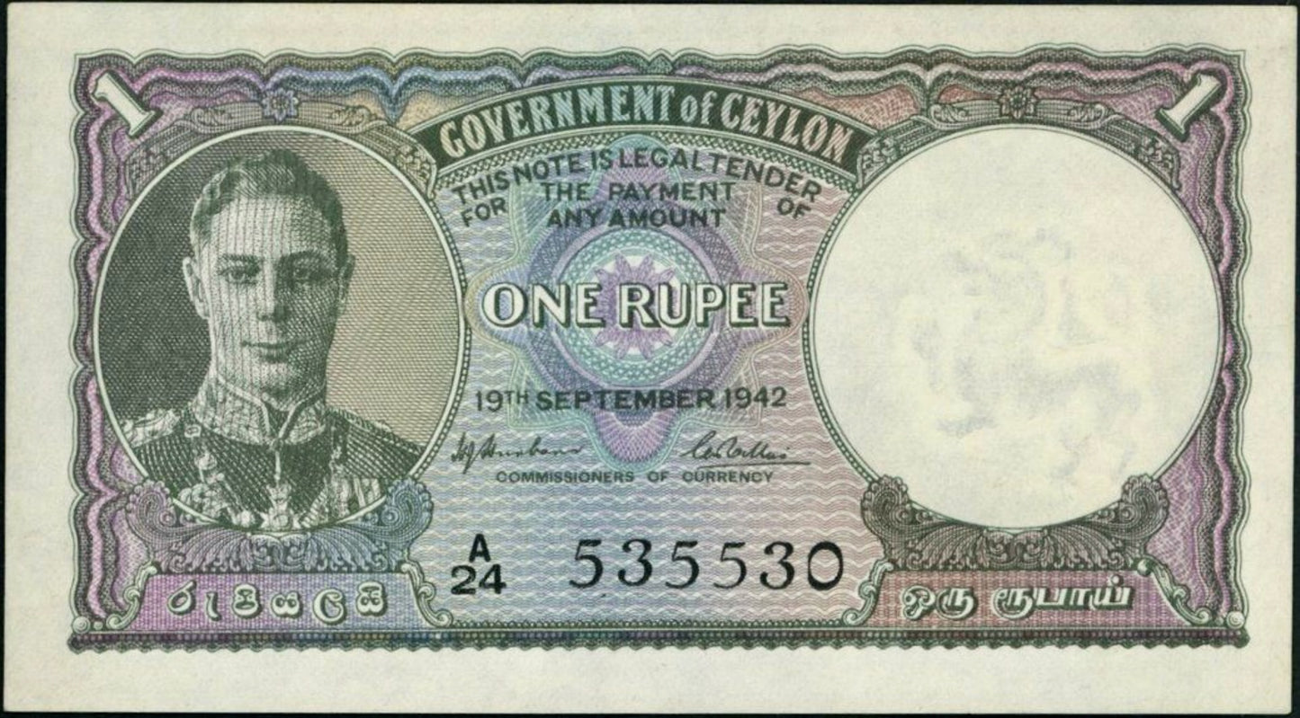 CEYLON P.34 1942 1 Rupee EF