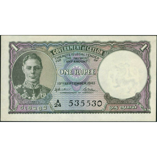 CEYLON P.34 1942 1 Rupee EF