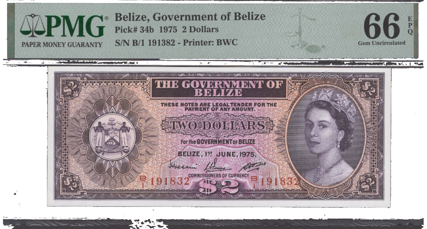 BELIZE P.34b 1975 $2 SUPERB GEM UNC 66EPQ