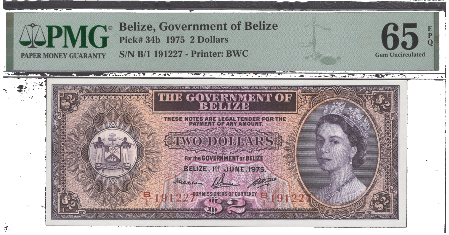 BELIZE P.34b 1975 $2 SUPERB GEM UNC 65EPQ