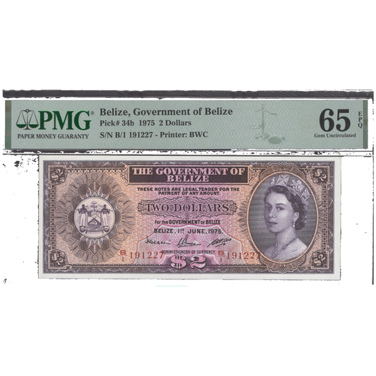 BELIZE P.34b 1975 $2 SUPERB GEM UNC 65EPQ