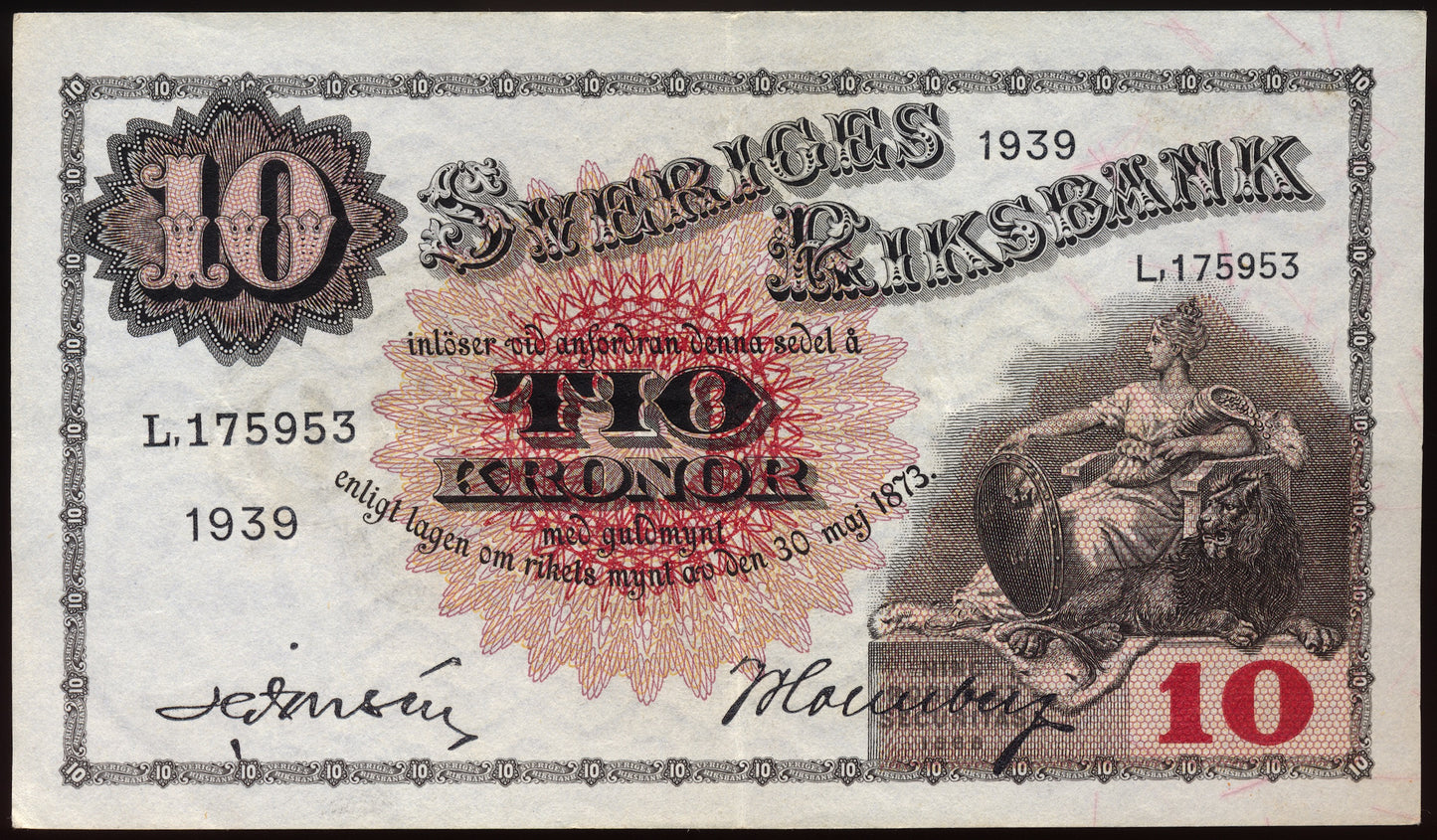 SWEDEN P.34v 1939 10 Kronor EF