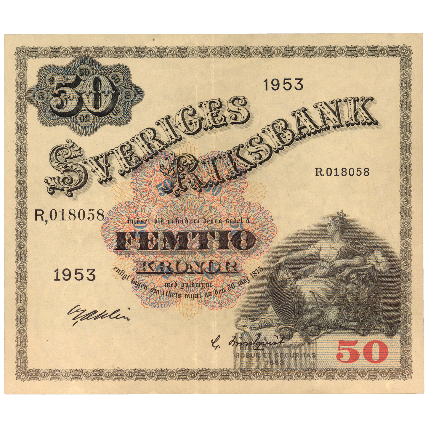 SWEDEN P.35af 1953 50 Kronor AUNC