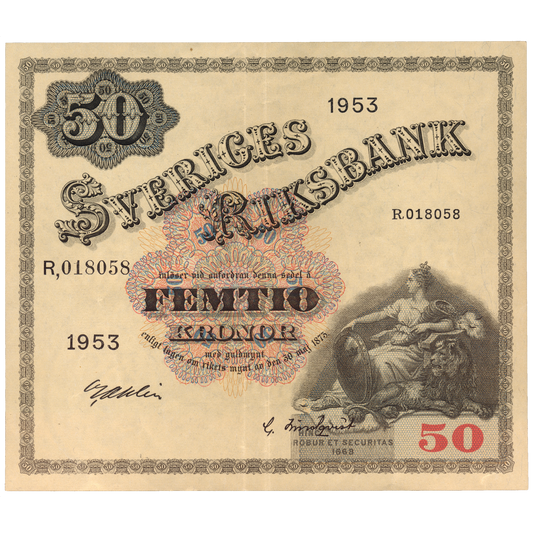 SWEDEN P.35af 1953 50 Kronor AUNC
