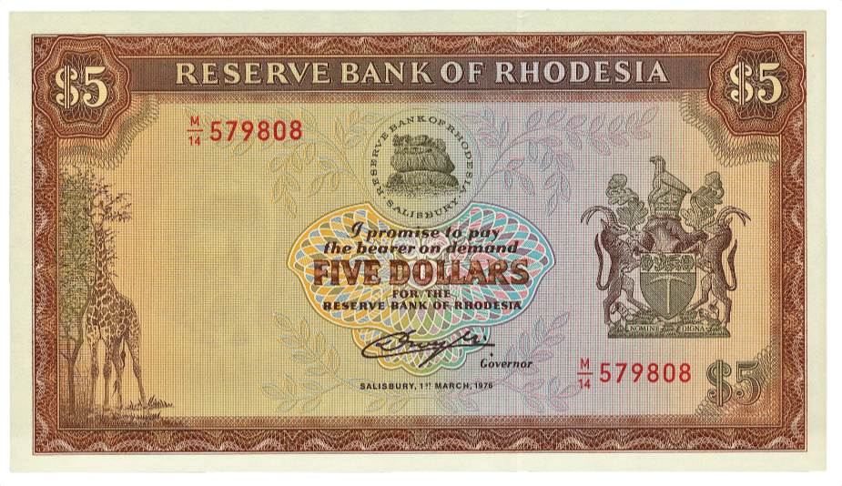 RHODESIA P.36a 1976 5 dollars UNC