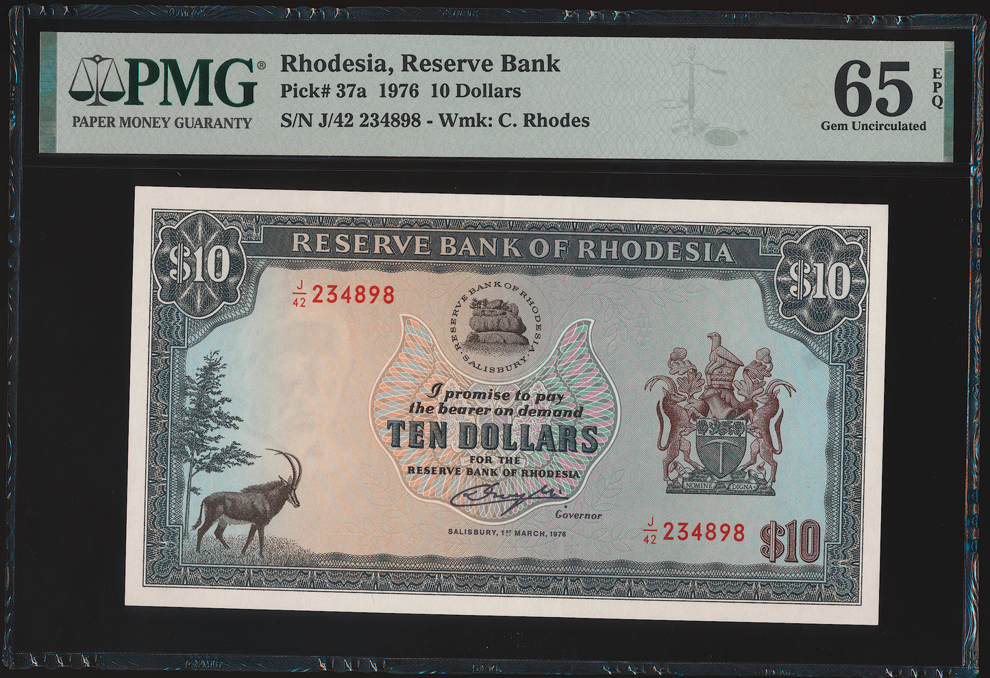 RHODESIA P.37a 1976 10 dollars GEM UNC 65 EPQ