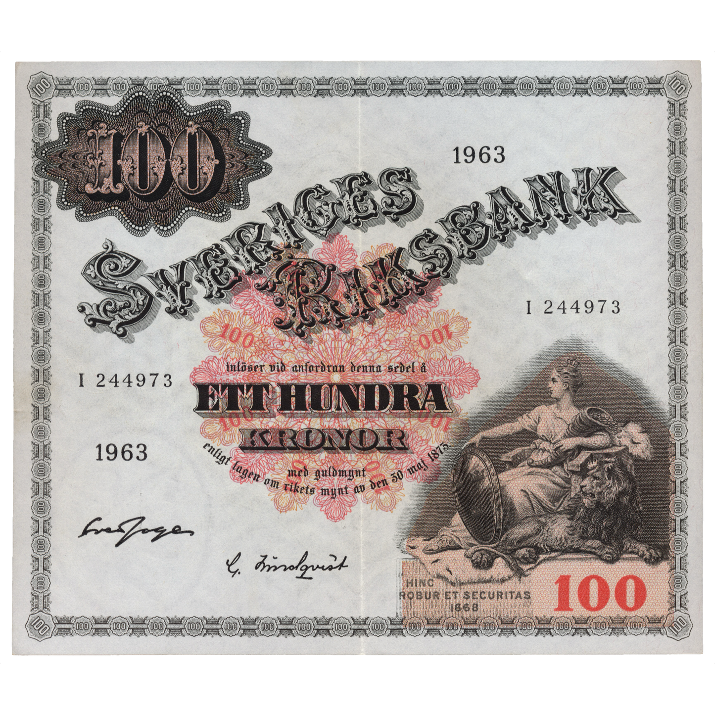 SWEDEN P.48e 1963 100 Kronor AUNC
