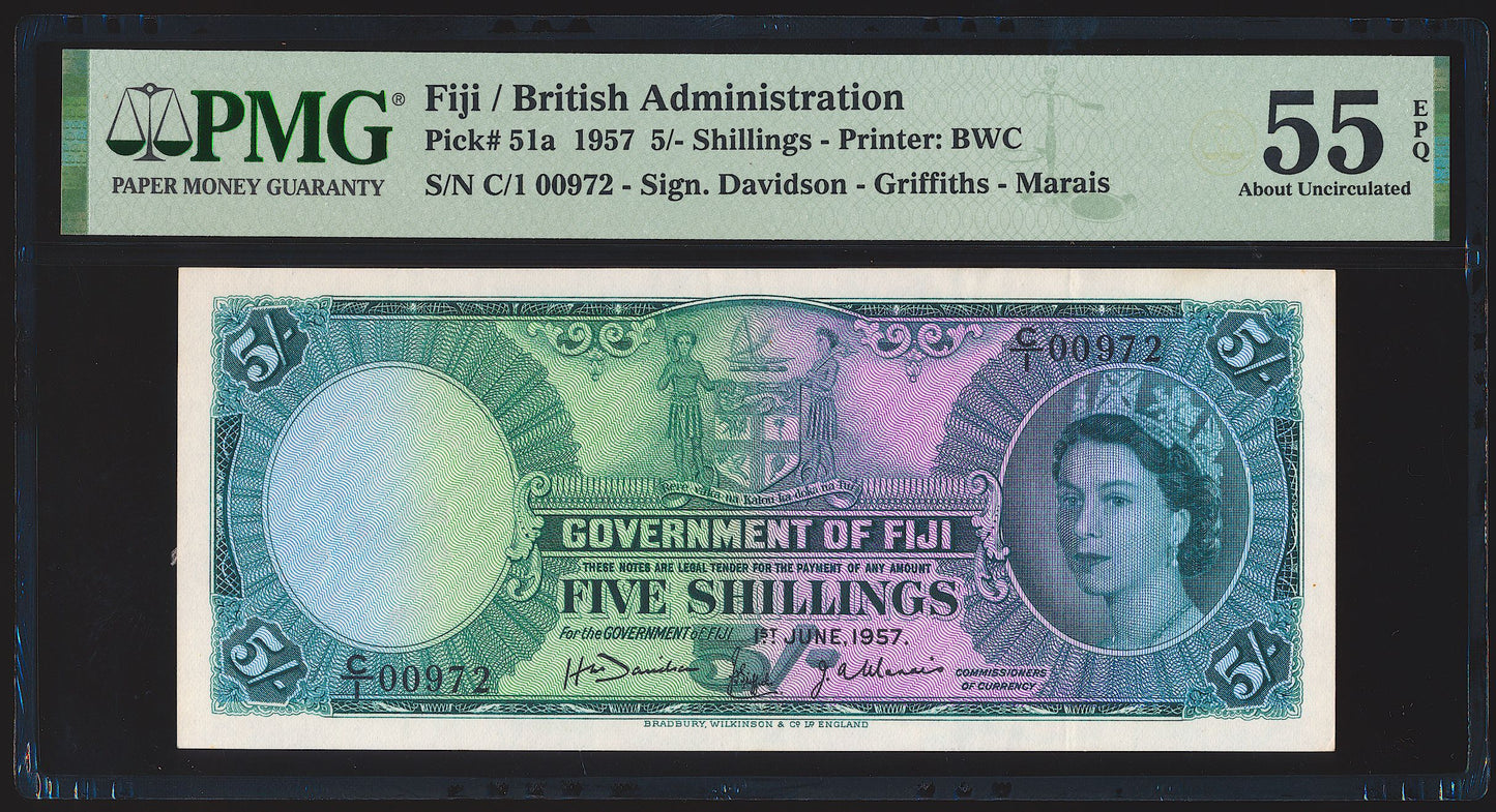 FIJI P.51a 1957 5 Shillings AUNC 55 EPQ