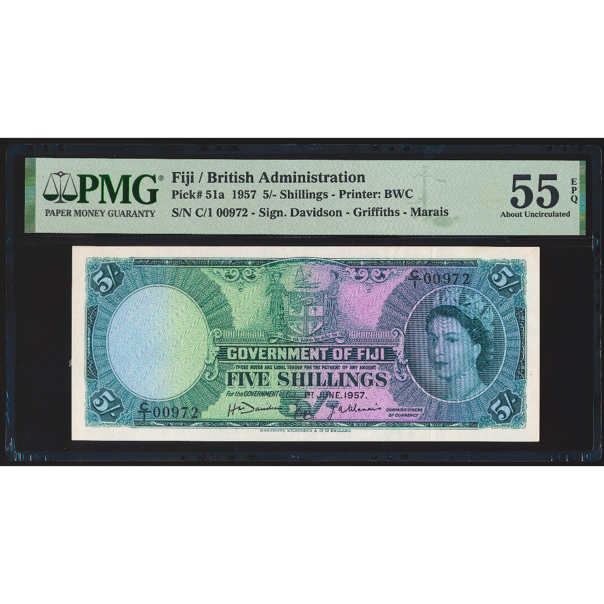 FIJI P.51a 1957 5 Shillings AUNC 55 EPQ