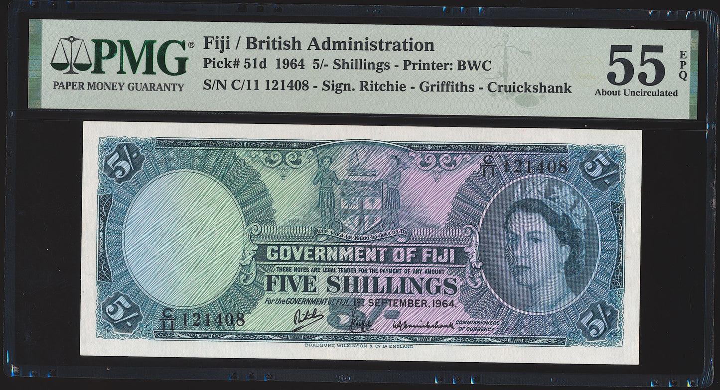 FIJI P.51d 1964 5 Shillings AUNC C/11