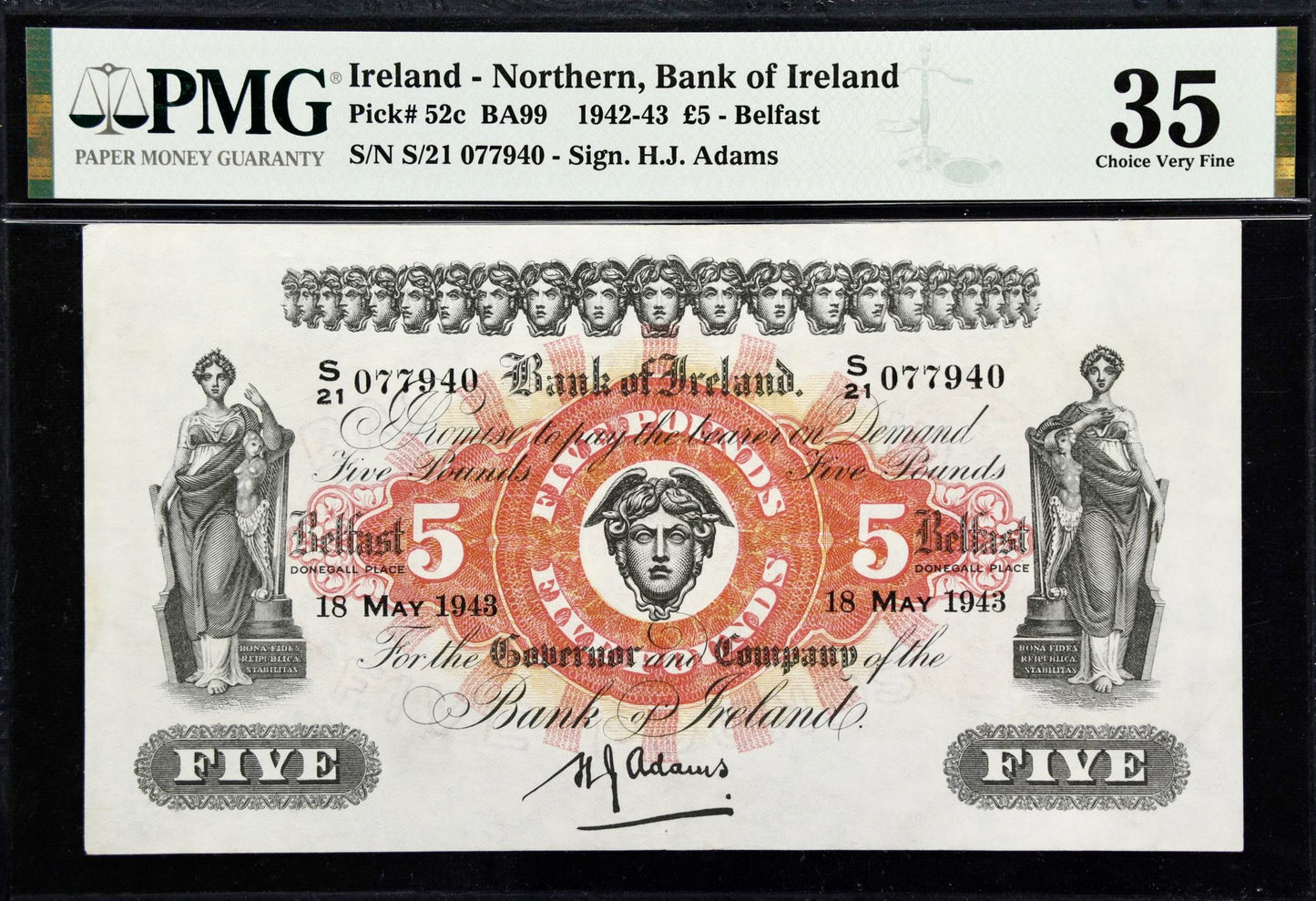 NORTHERN IRELAND P.52c NI211c 1943 Bank of Ireland £5 CHOICE VF 35