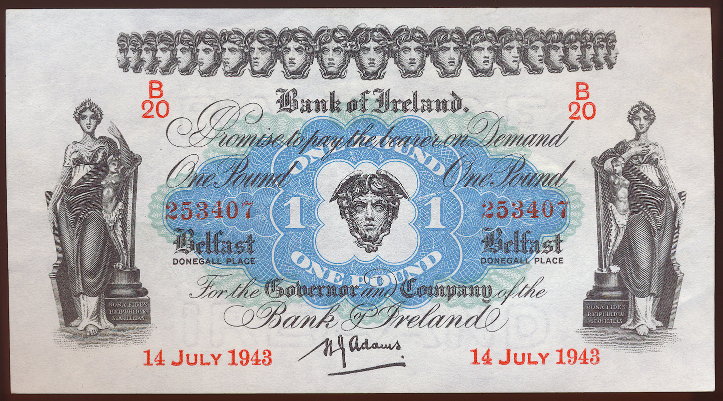 NORTHERN IRELAND P.55b NI202b 1943 Bank of Ireland £1 AUNC 50