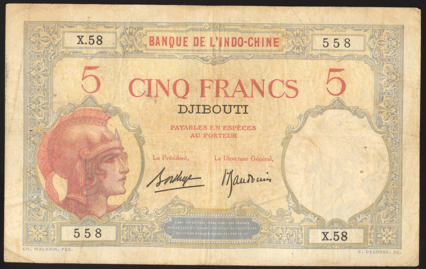 FRENCH Somaliland P.6b 1928 - 1938 5 Francs F