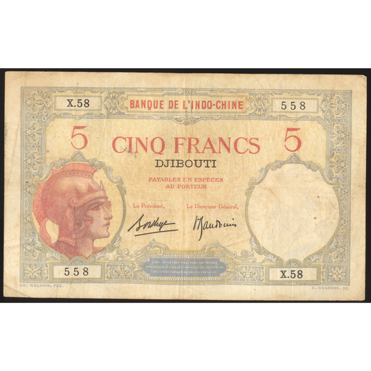 FRENCH Somaliland P.6b 1928 - 1938 5 Francs F