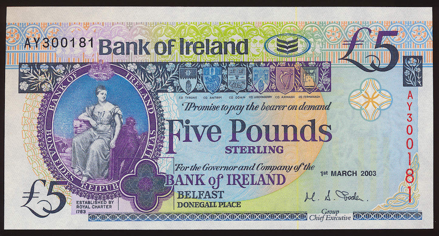 NORTHERN IRELAND P.79a NI216b 2003 Bank of Ireland £5 banknote UNC