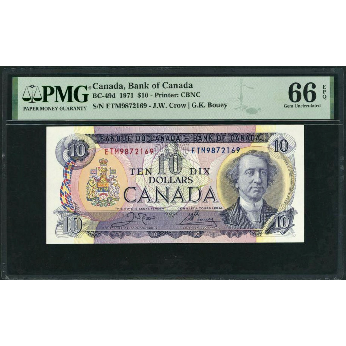 CANADA P.88d BC-49d $10 1971 Crow, Bouey Gem UNC 66 EPQ