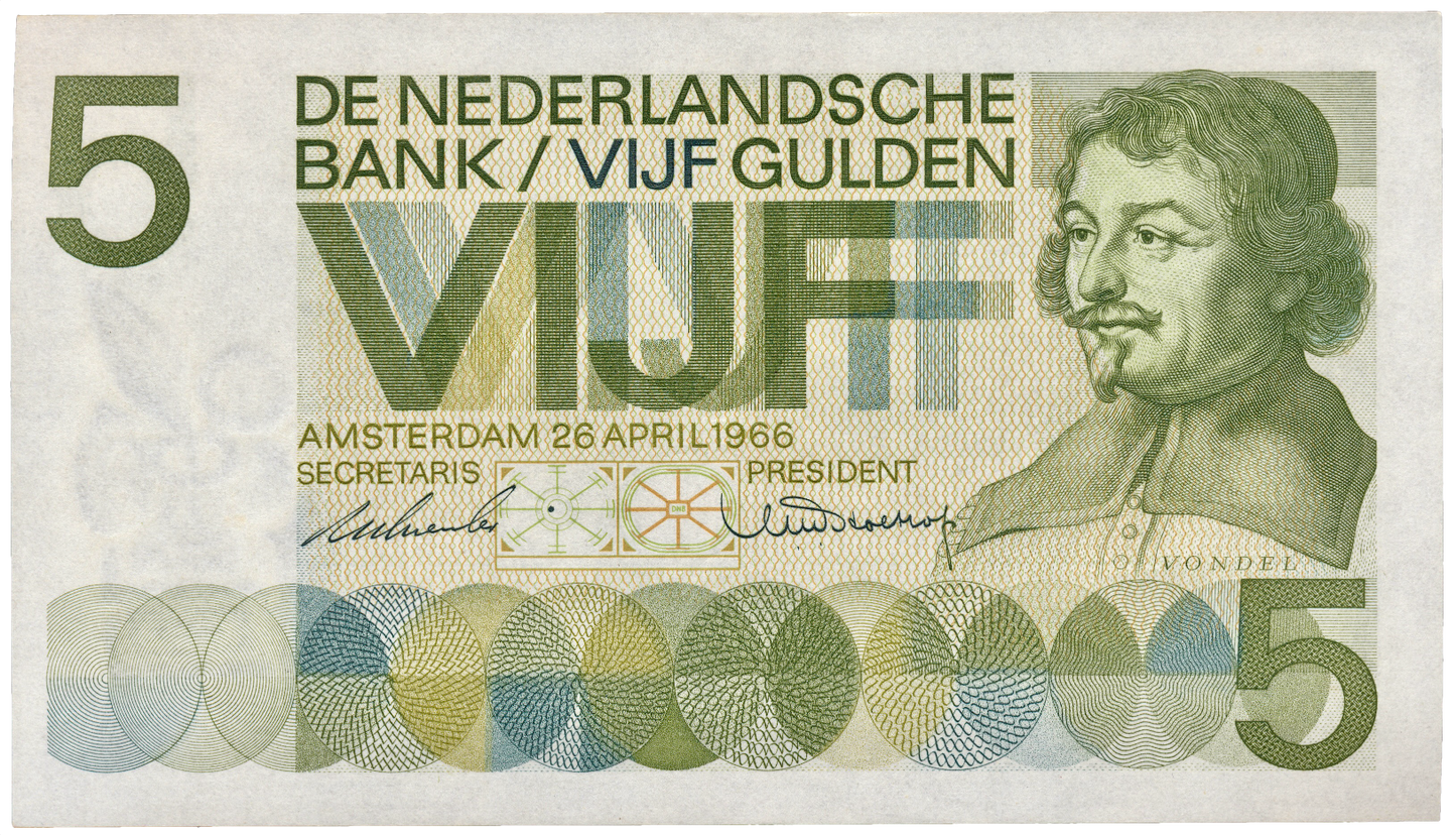 NETHERLANDS P.90a 1966 5 Guilden UNC