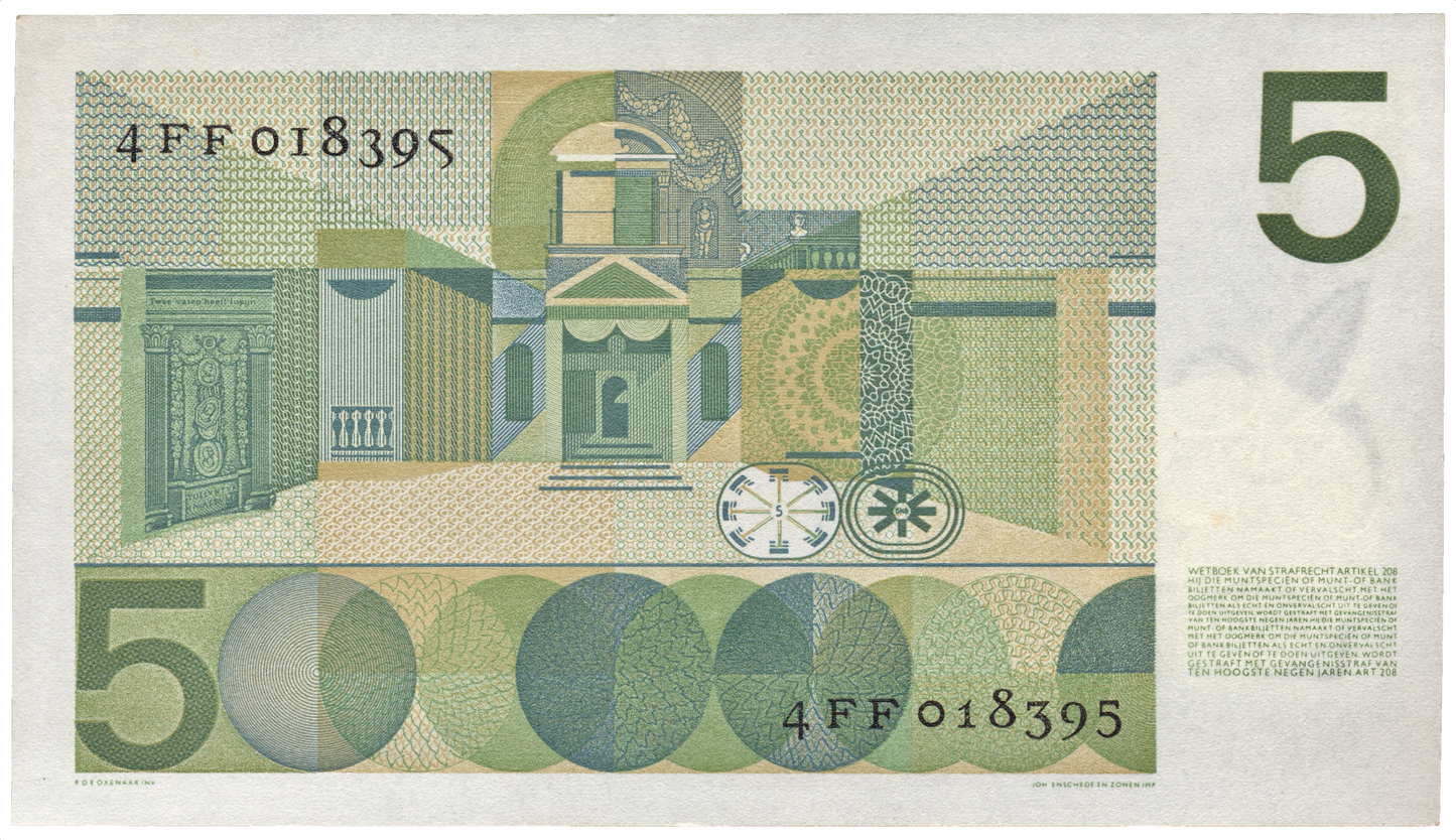 NETHERLANDS P.90a 1966 5 Guilden UNC