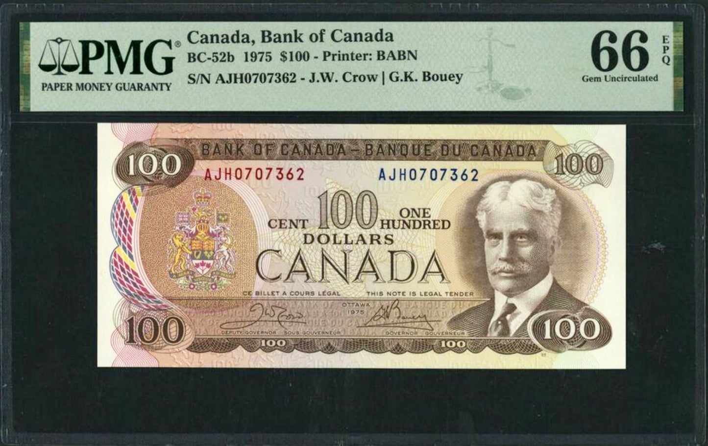 CANADA P.91b BC-52a-i $100 1975 Crow, Bouey Gem UNC 66 EPQ