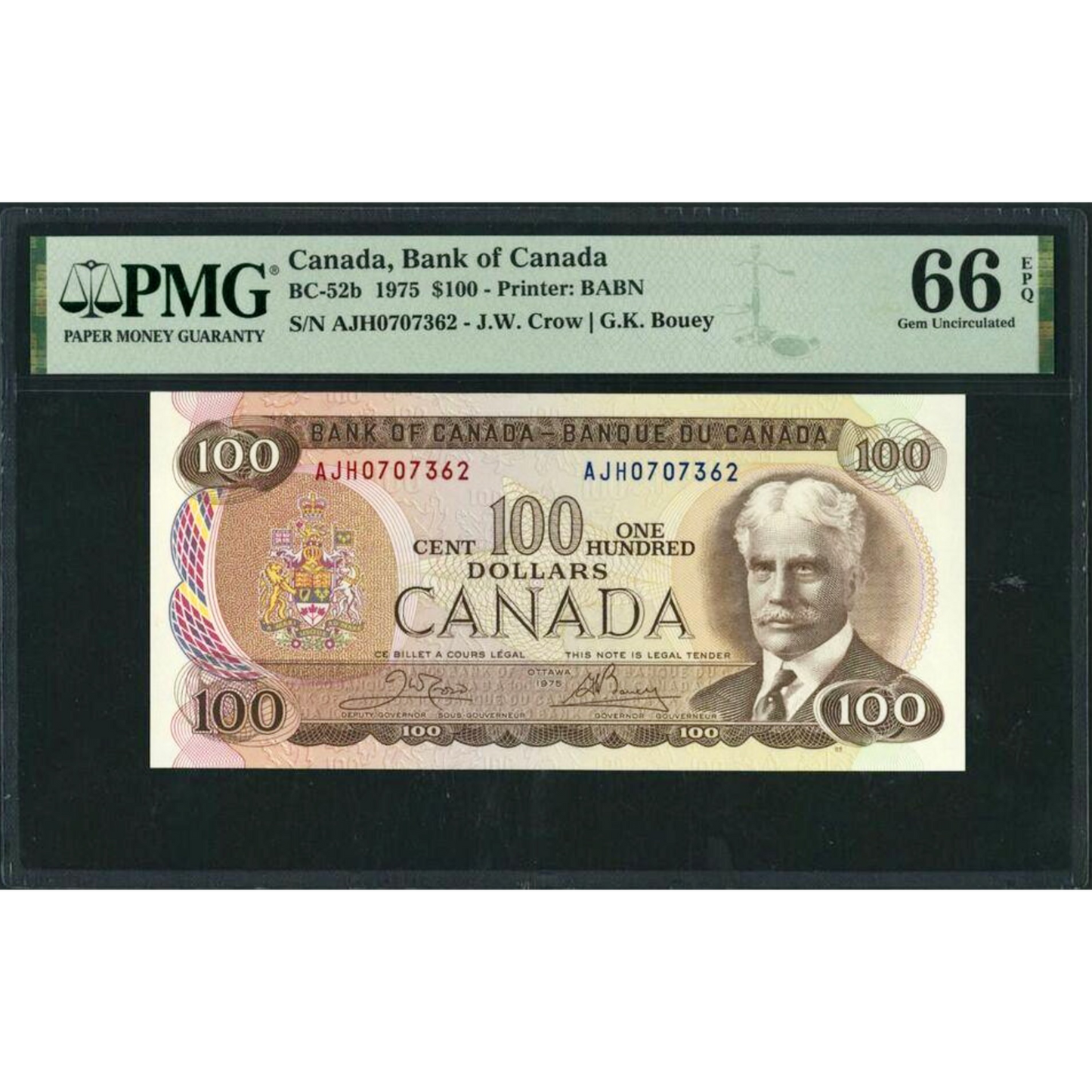 CANADA P.91b BC-52a-i $100 1975 Crow, Bouey Gem UNC 66 EPQ