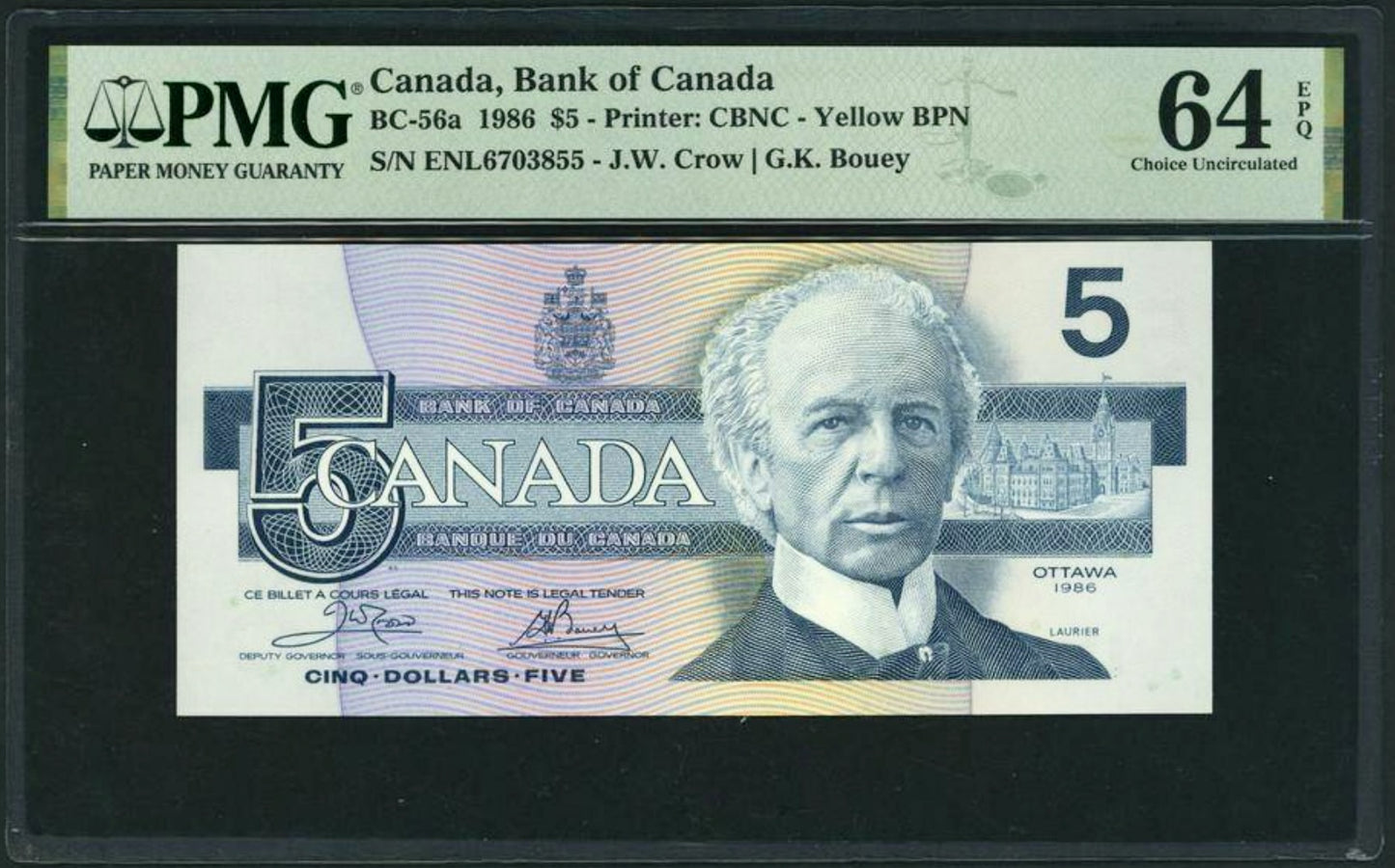 CANADA P.95a BC-56a $5 1986 Crow, Bouey Choice UNC 64 EPQ