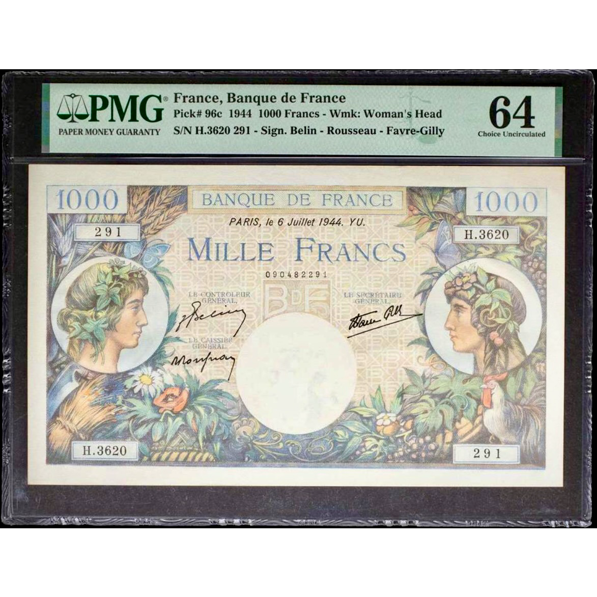 FRANCE P.96c 1944 1000Fr Belin, Rousseau, Favre-Gilly Choice UNC